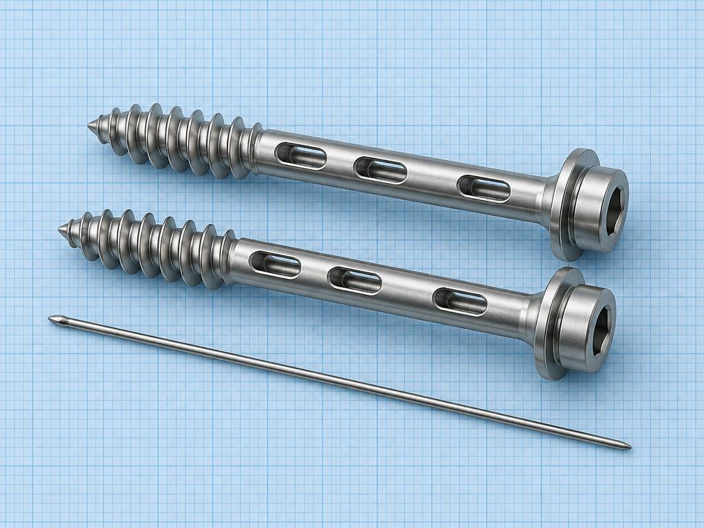 Sacroiliac Spine Screw: orthopaedic implant on a light-blue graph-paper background